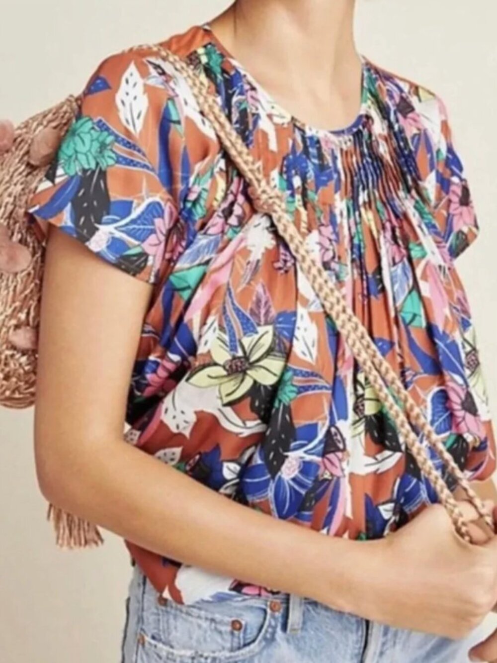 Dolan | Anthropologie Floral Pilar Pleated Short Sleeve Top Terracotta Orange XL
